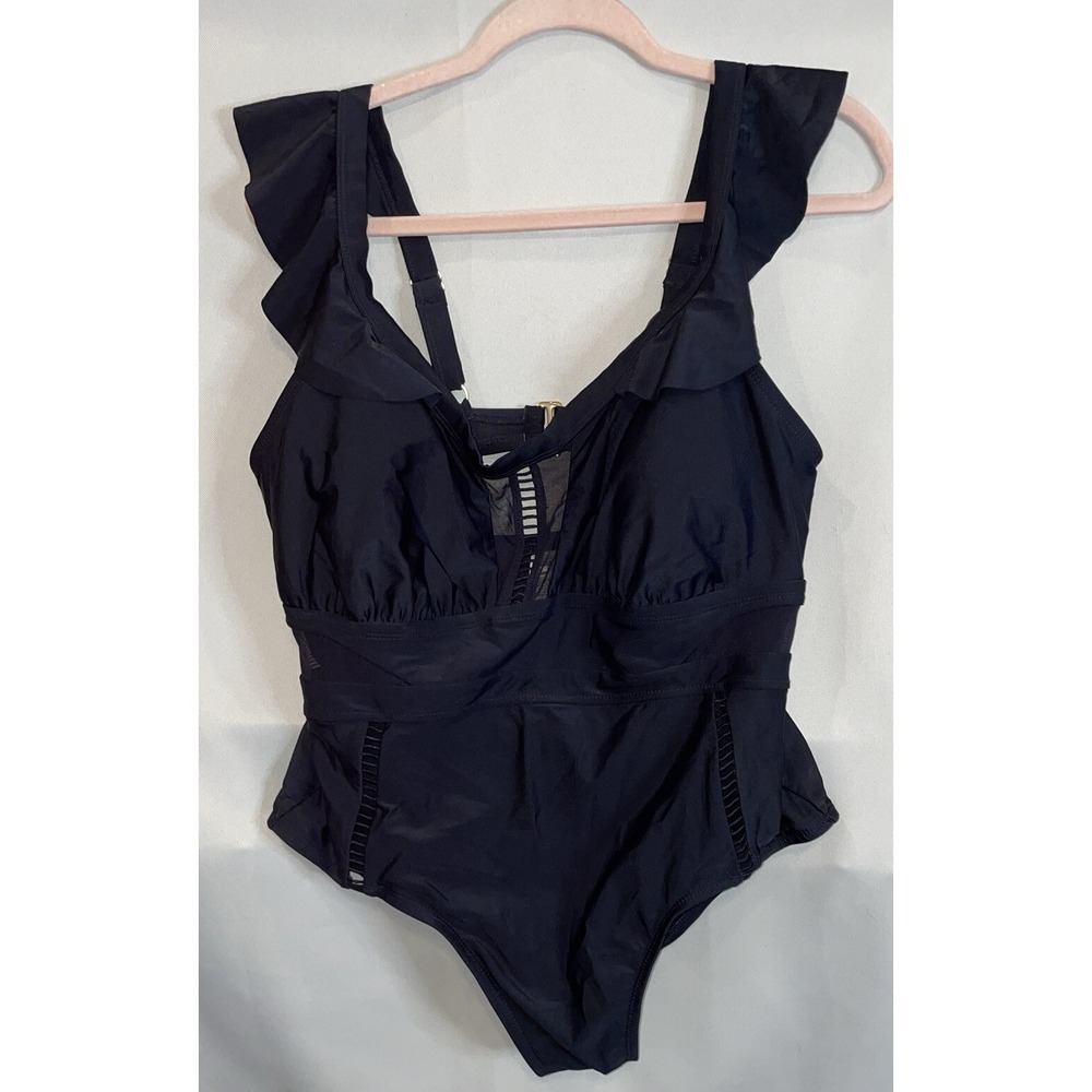 Terra & Sky Womens 0X 14W Swimsuit Black Ruffle Mesh One Piece Resort Beach